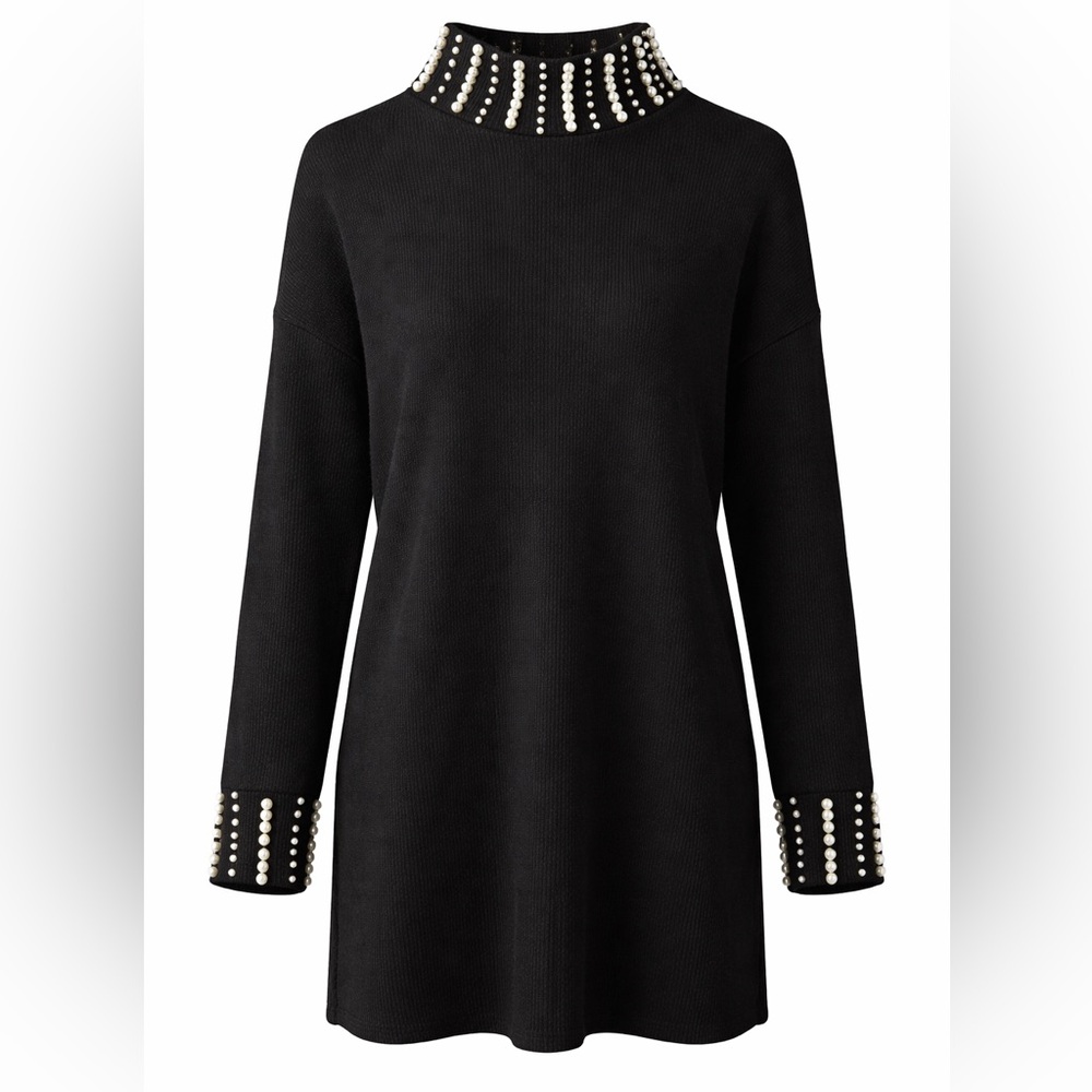 Pearl Embellished Mock Neck Black Sweater Dress Long Sleeve Size M | LBD - Picture 3 of 4